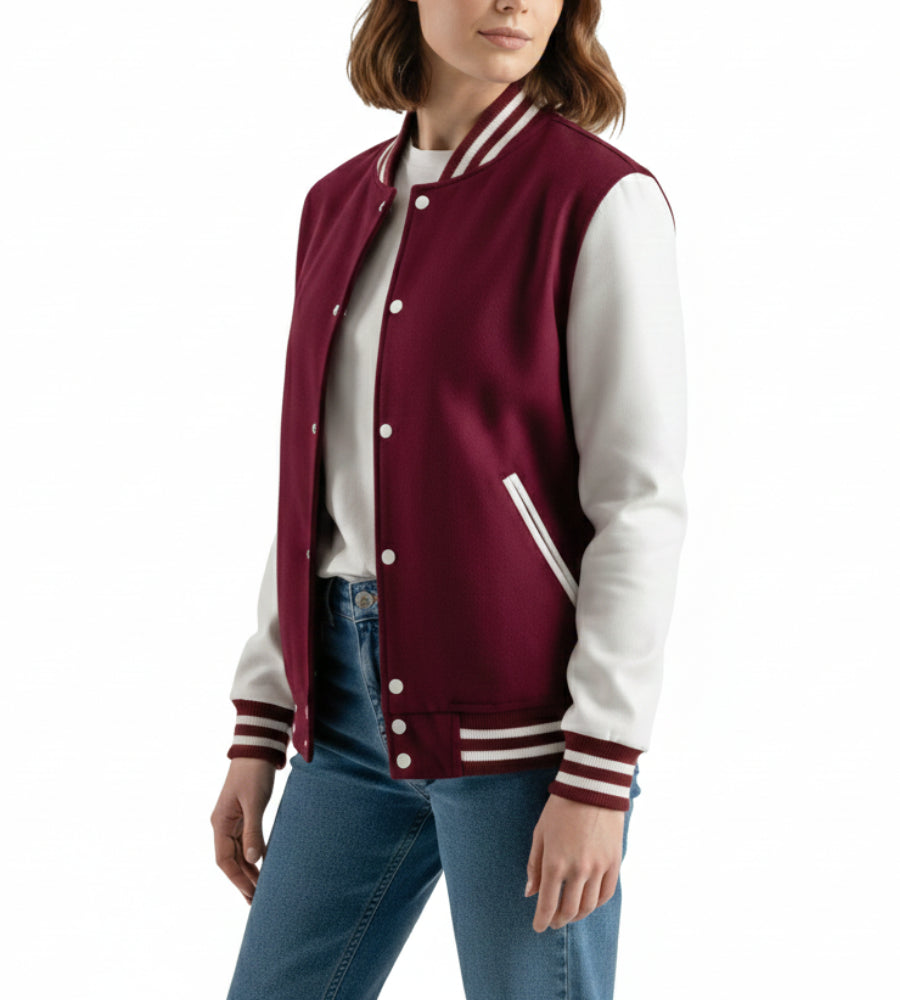 Women’s Burgundy Wool / White Leather Varsity Jacket