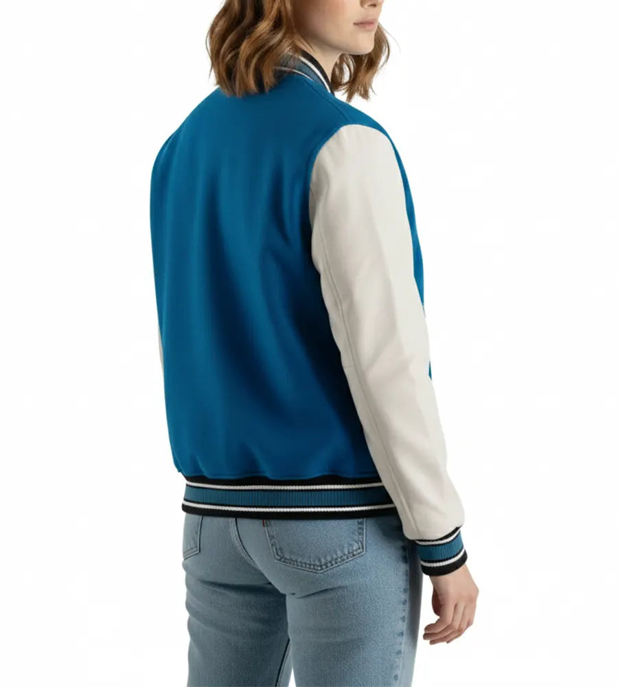 Women’s Deep Mid Sky Blue Wool / White Leather Varsity Jacket