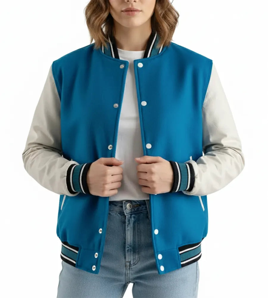 Women’s Deep Mid Sky Blue Wool / White Leather Varsity Jacket