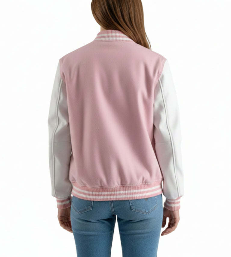 Women’s Pink Wool / White Leather Varsity Jacket