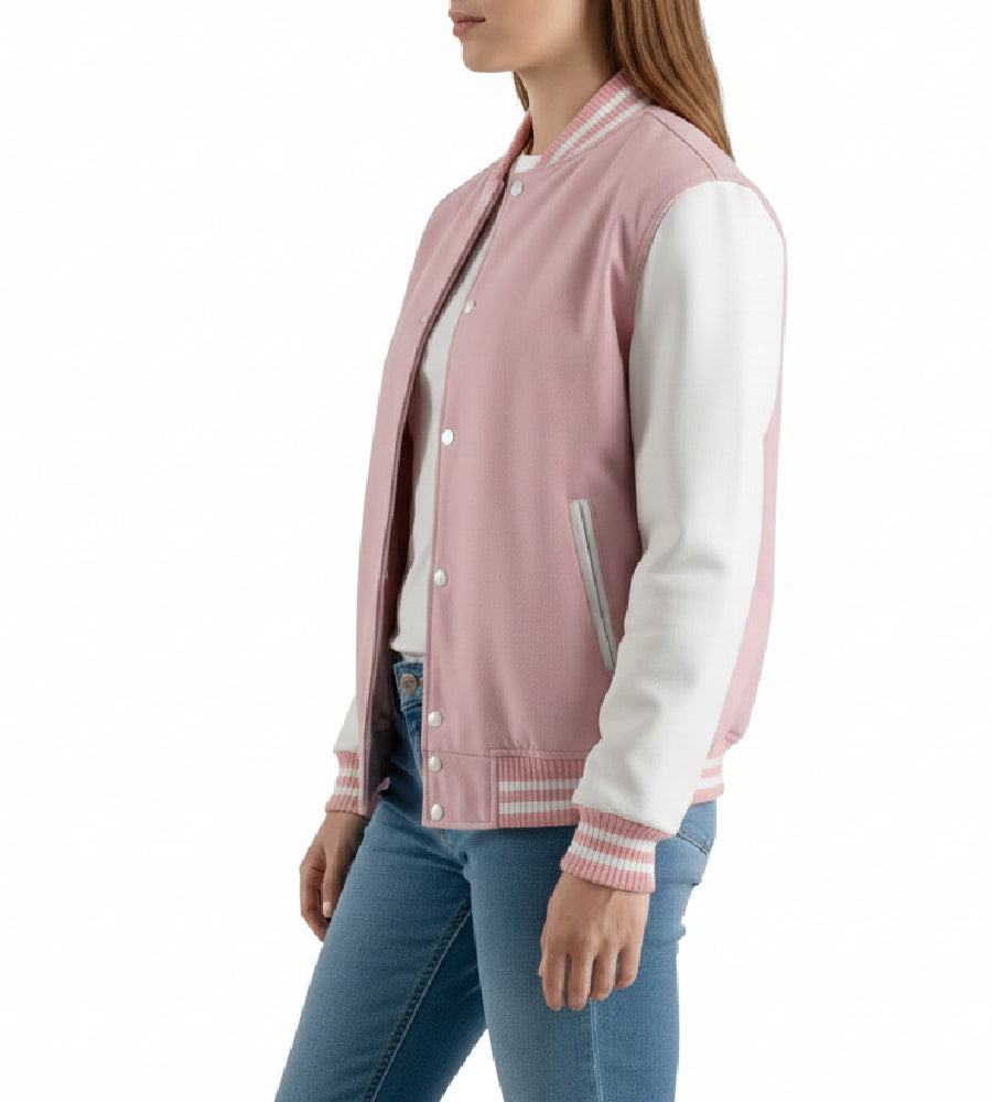 Women’s Pink Wool / White Leather Varsity Jacket