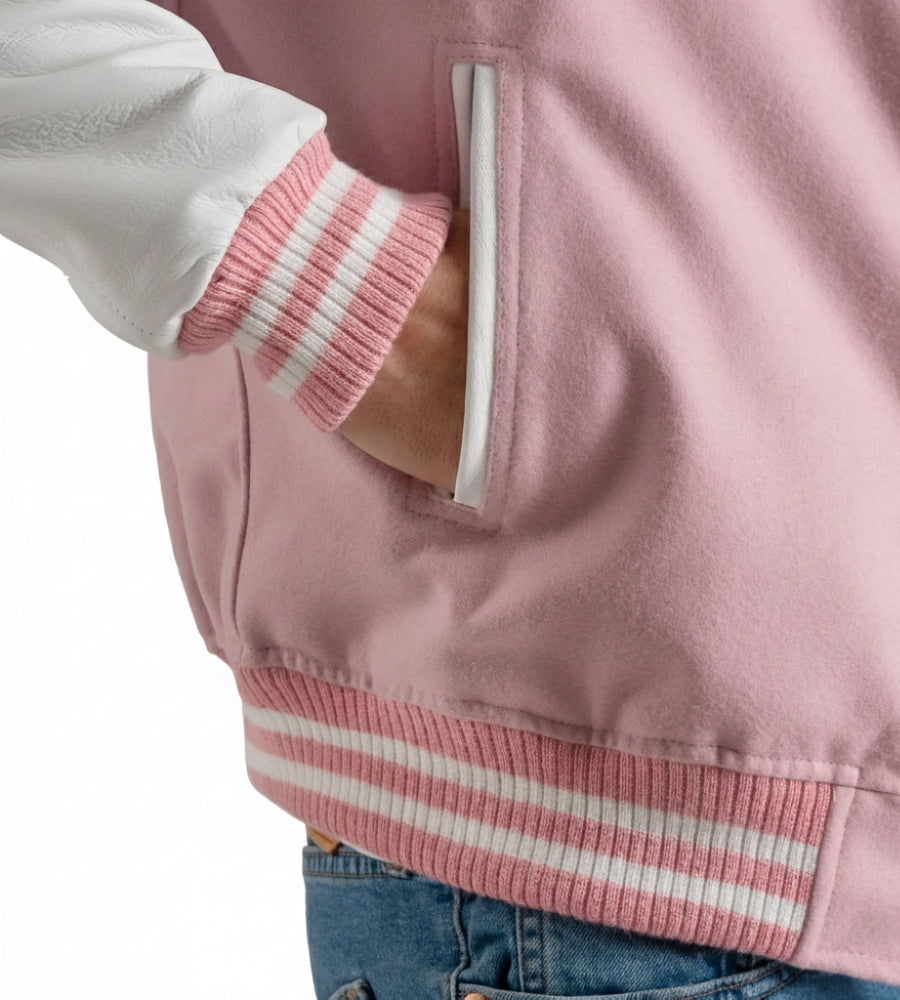 Women’s Pink Wool / White Leather Varsity Jacket