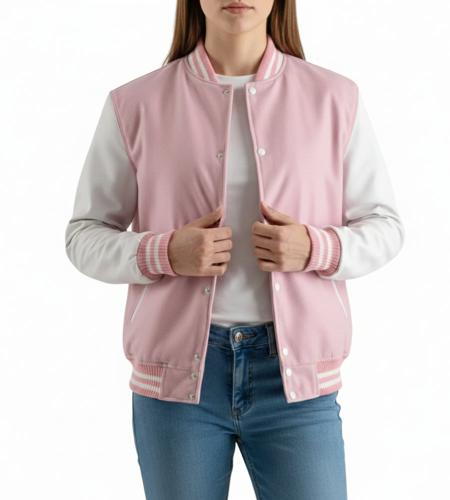 Women’s Pink Wool / White Leather Varsity Jacket